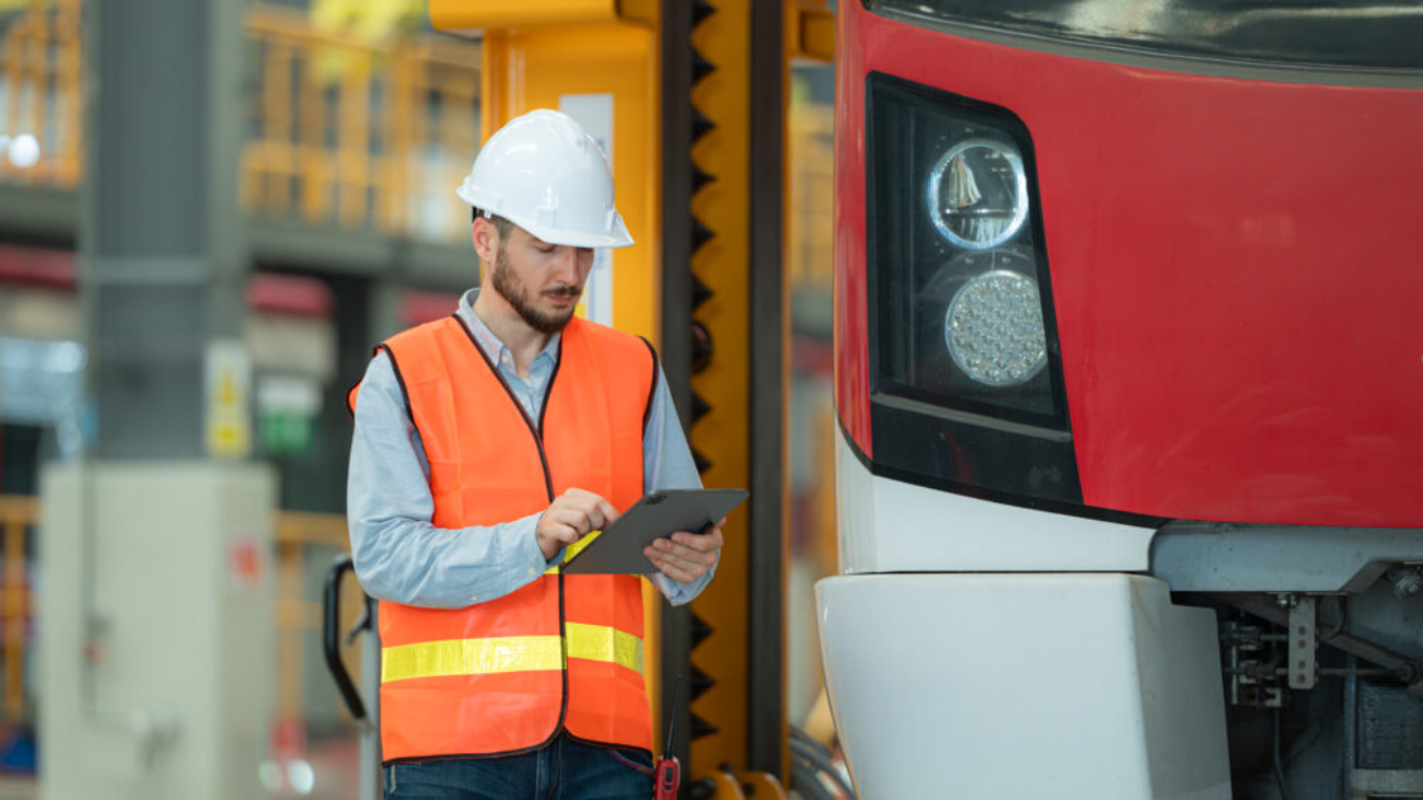 Young field technician using a tablet while working on-site in a skytrain environment, illustrating the use of the best field service management software for mobile teams.