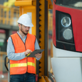 Young field technician using a tablet while working on-site in a skytrain environment, illustrating the use of the best field service management software for mobile teams.