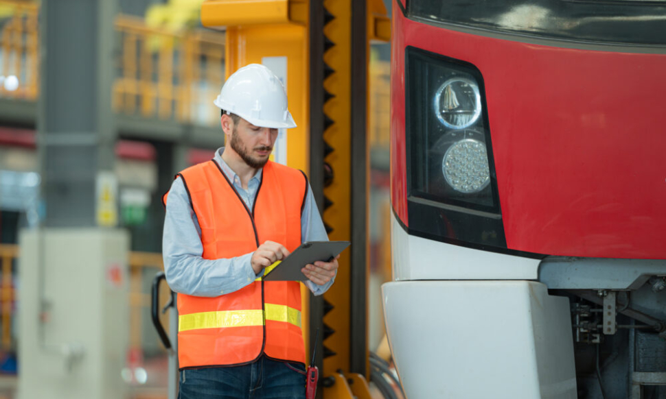 Young field technician using a tablet while working on-site in a skytrain environment, illustrating the use of the best field service management software for mobile teams.