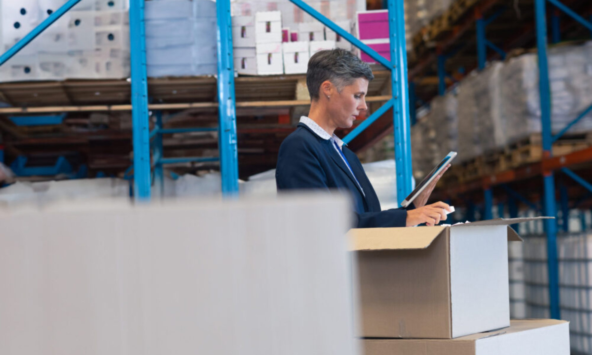 Warehouse manager using a tablet to inspect inventory, representing the use of warehouse management system software in a modern distribution facility.