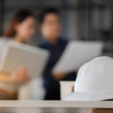 White safety helmet on a desk with two construction professionals reviewing documents in the background, representing the role of financial software for construction in Ireland.