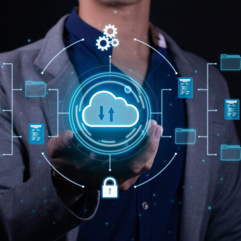 Business professional holding a glowing cloud computing icon with connected file folders and security symbols, representing a move from Xero to NetSuite cloud ERP.