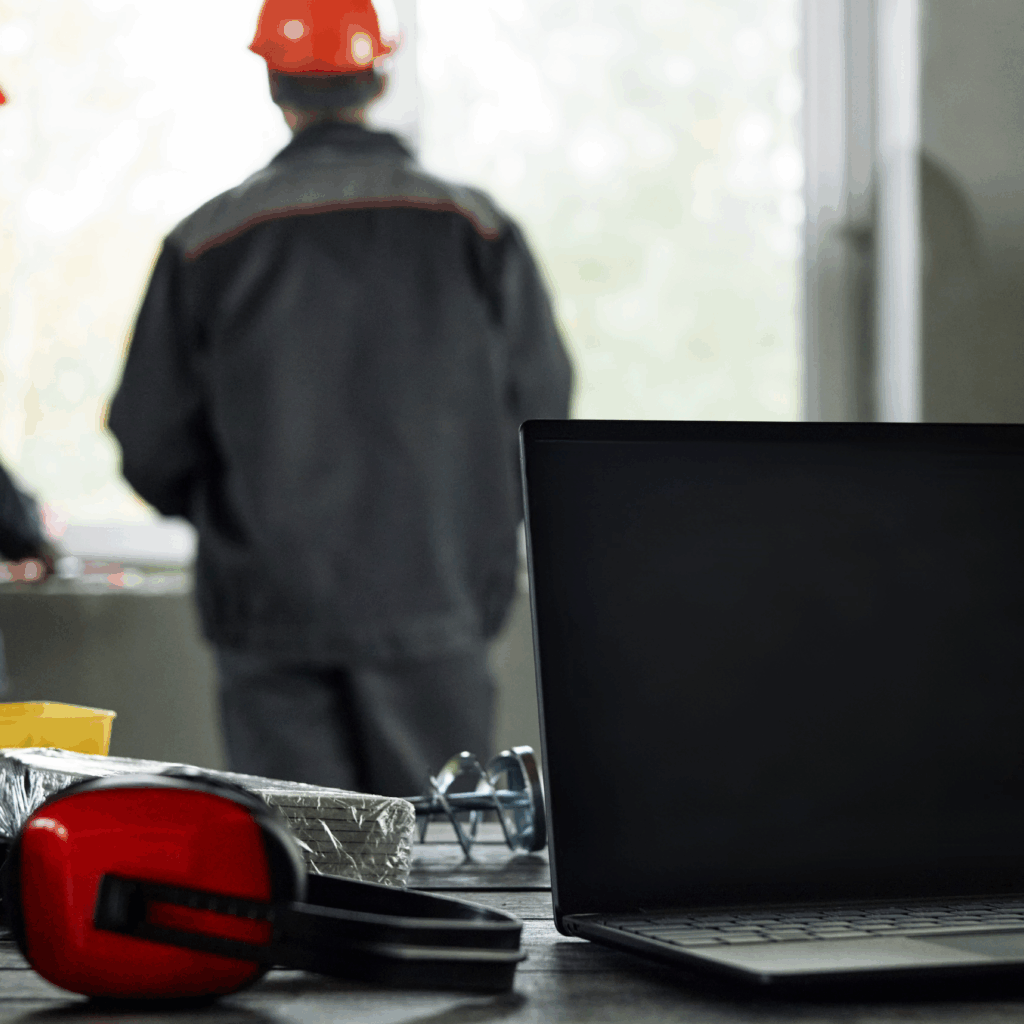 Two middle-aged men reviewing a project beside a laptop displaying field service management software