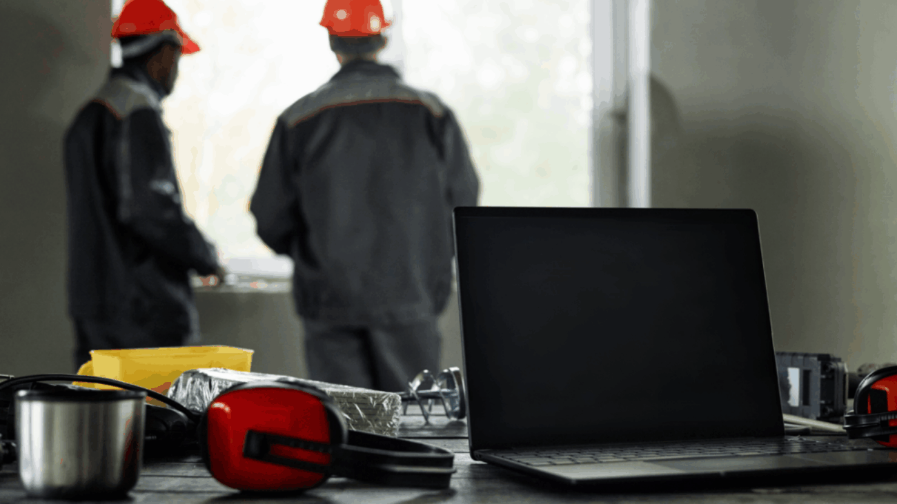 Two middle-aged men reviewing a project beside a laptop displaying field service management software