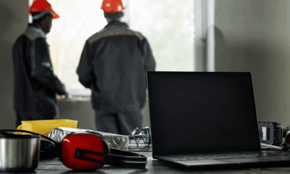 Two middle-aged men reviewing a project beside a laptop displaying field service management software
