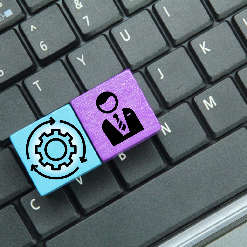 Coloured cubes with employee and management icons visualising NetSuite ERP roles and organisational flow.