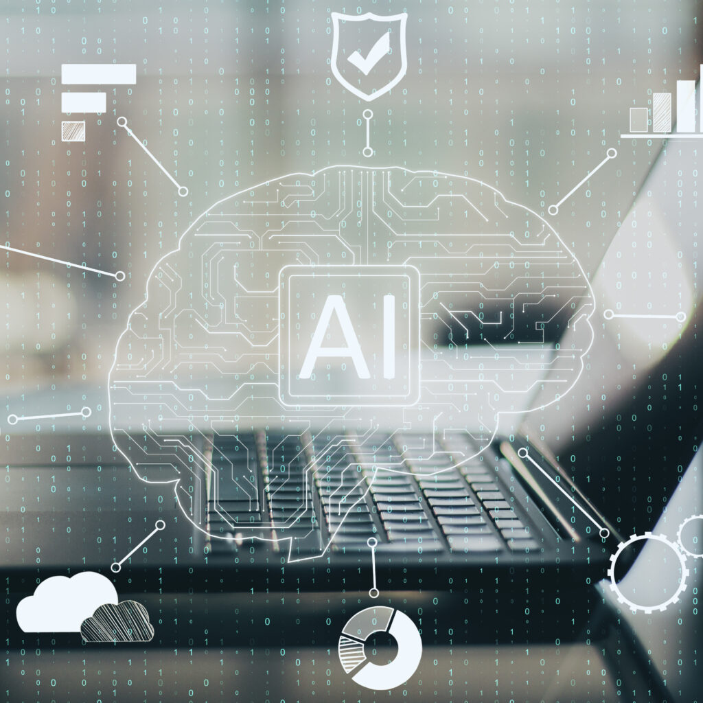 Close-up of laptop with creative AI brain circuits showing NetSuite ERP embedded intelligence