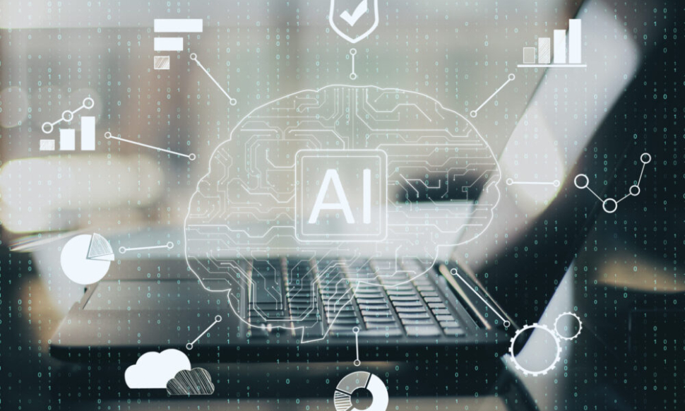 Close-up of laptop with creative AI brain circuits showing NetSuite ERP embedded intelligence