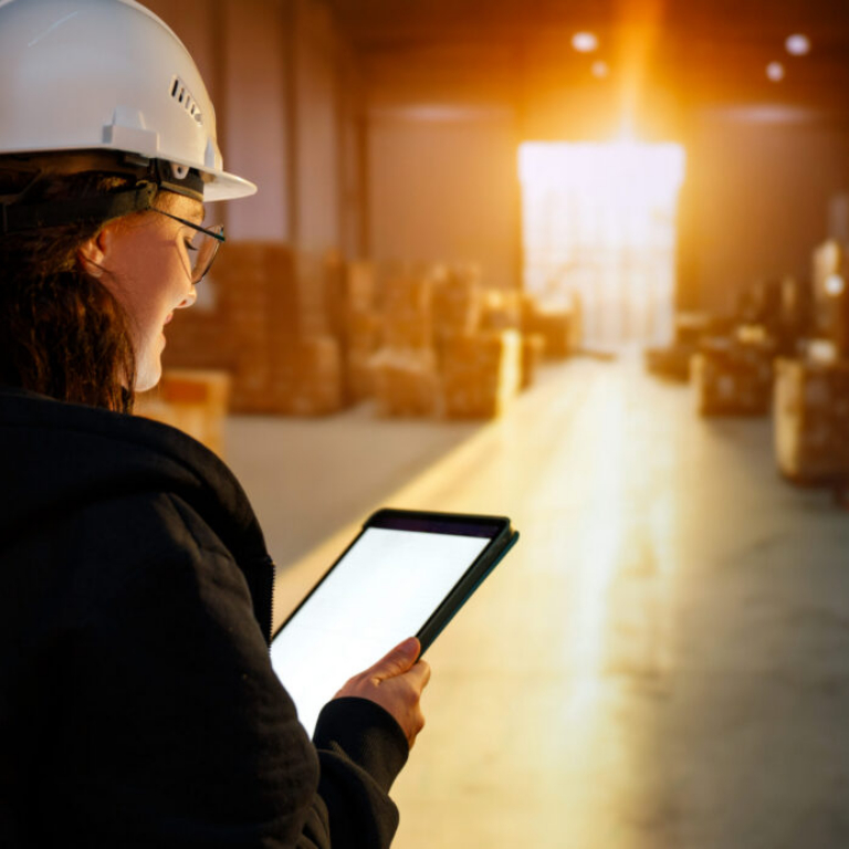 Young woman working in a warehouse using NetSuite to manage inventory and operations