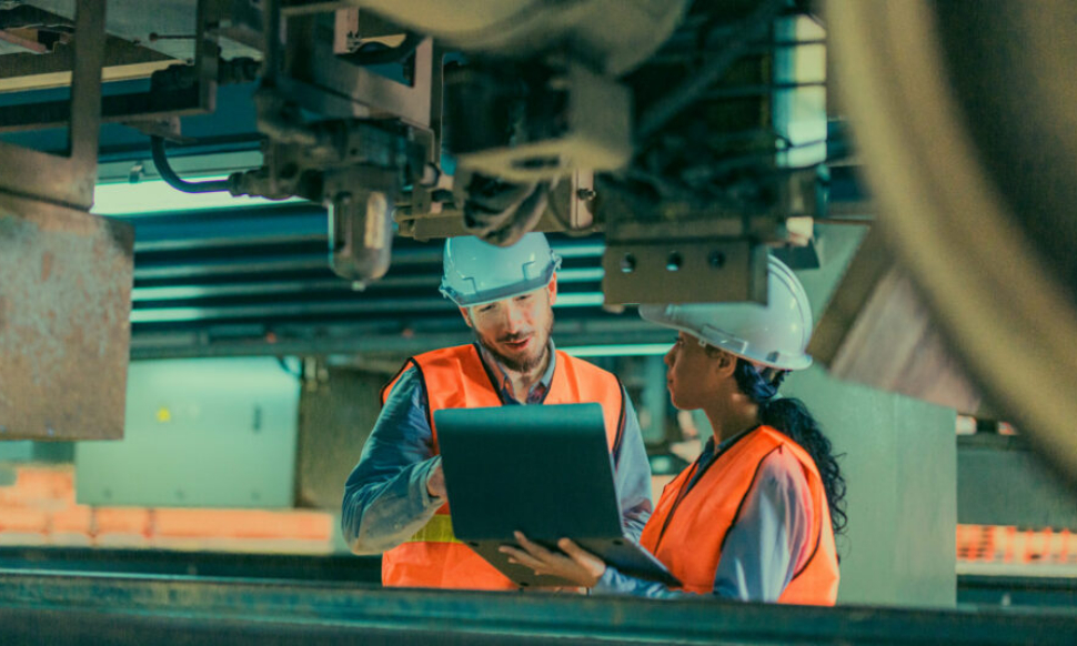 Technicians identifying and repairing engine issues using manufacturing software systems