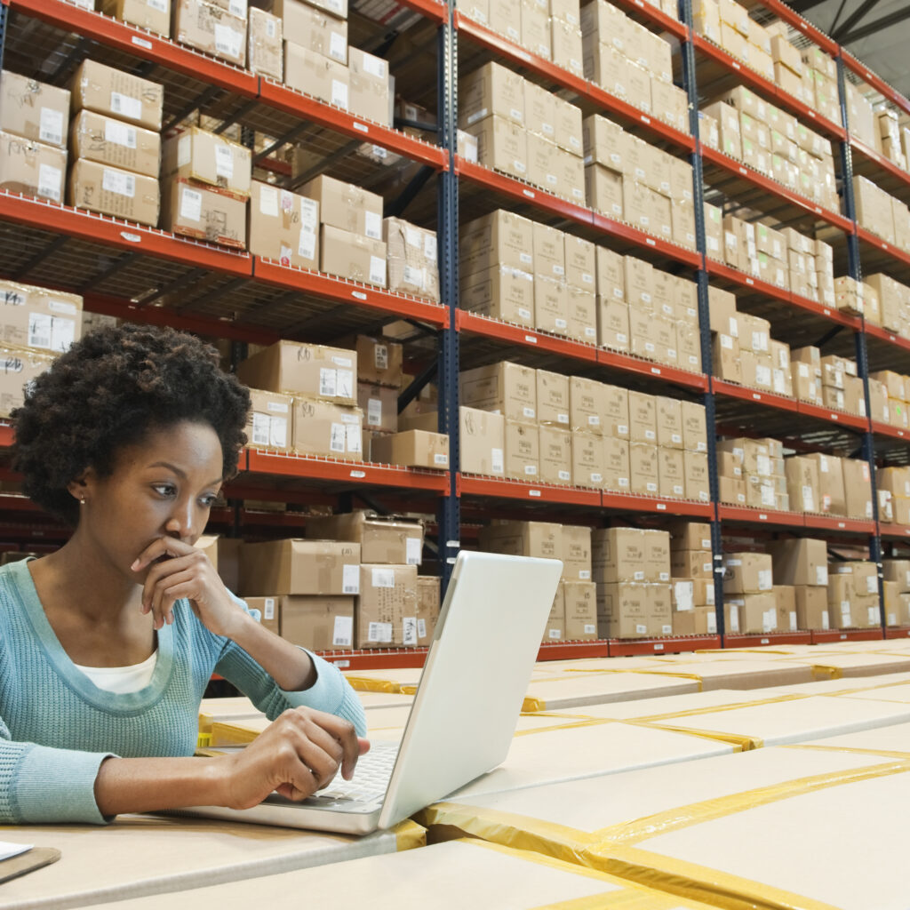 Female warehouse worker using a laptop to manage ERP operations