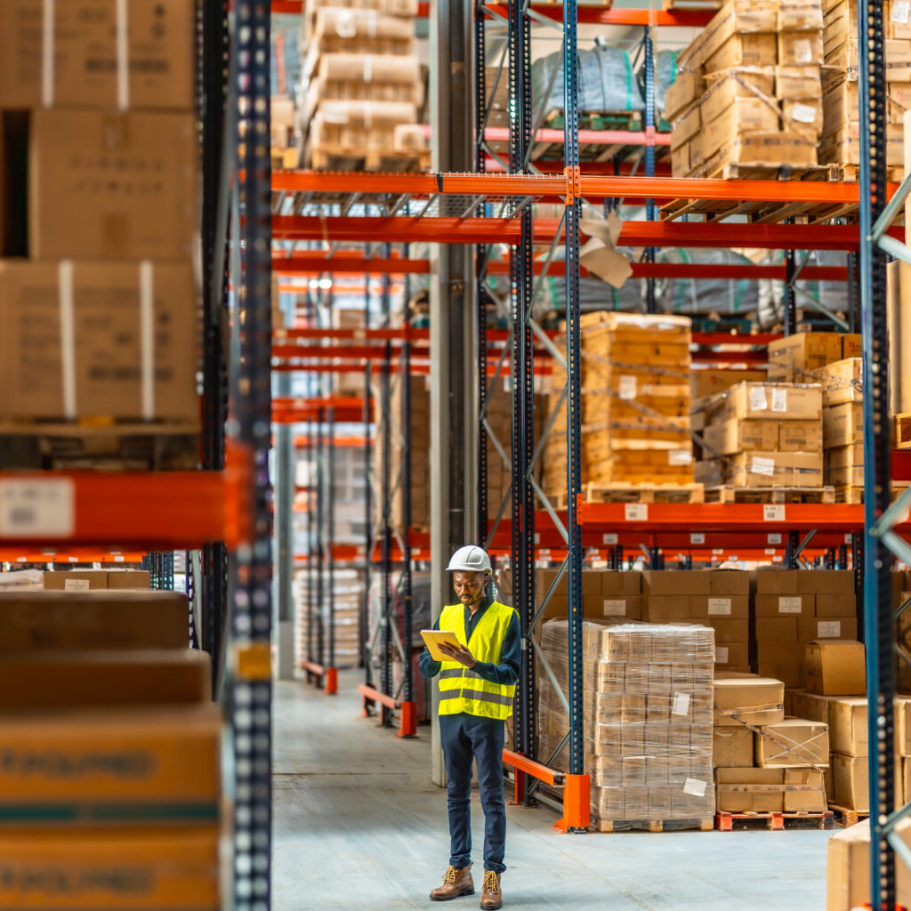 Man working in a warehouse using a digital tablet with Manufacturing ERP and Warehouse Management System Software to manage inventory and supply chain operations.