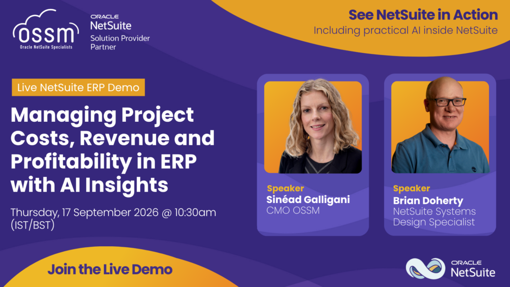 Banner for NetSuite project profitability demo webinar with speakers Sinéad Galligan and Brian Doherty