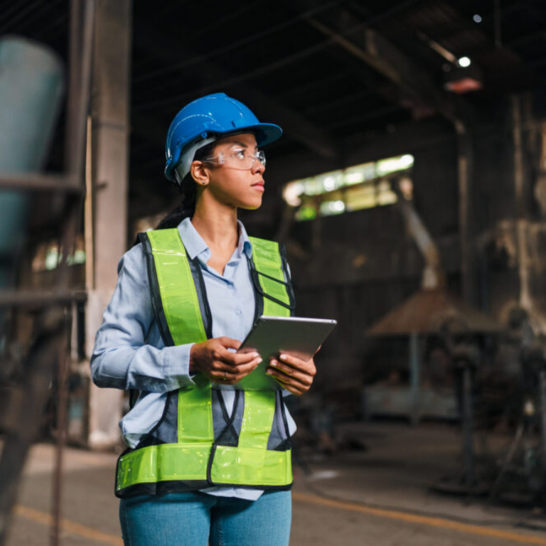 Factory manager checking real-time inventory on a tablet in a manufacturing warehouse, using NetSuite ERP